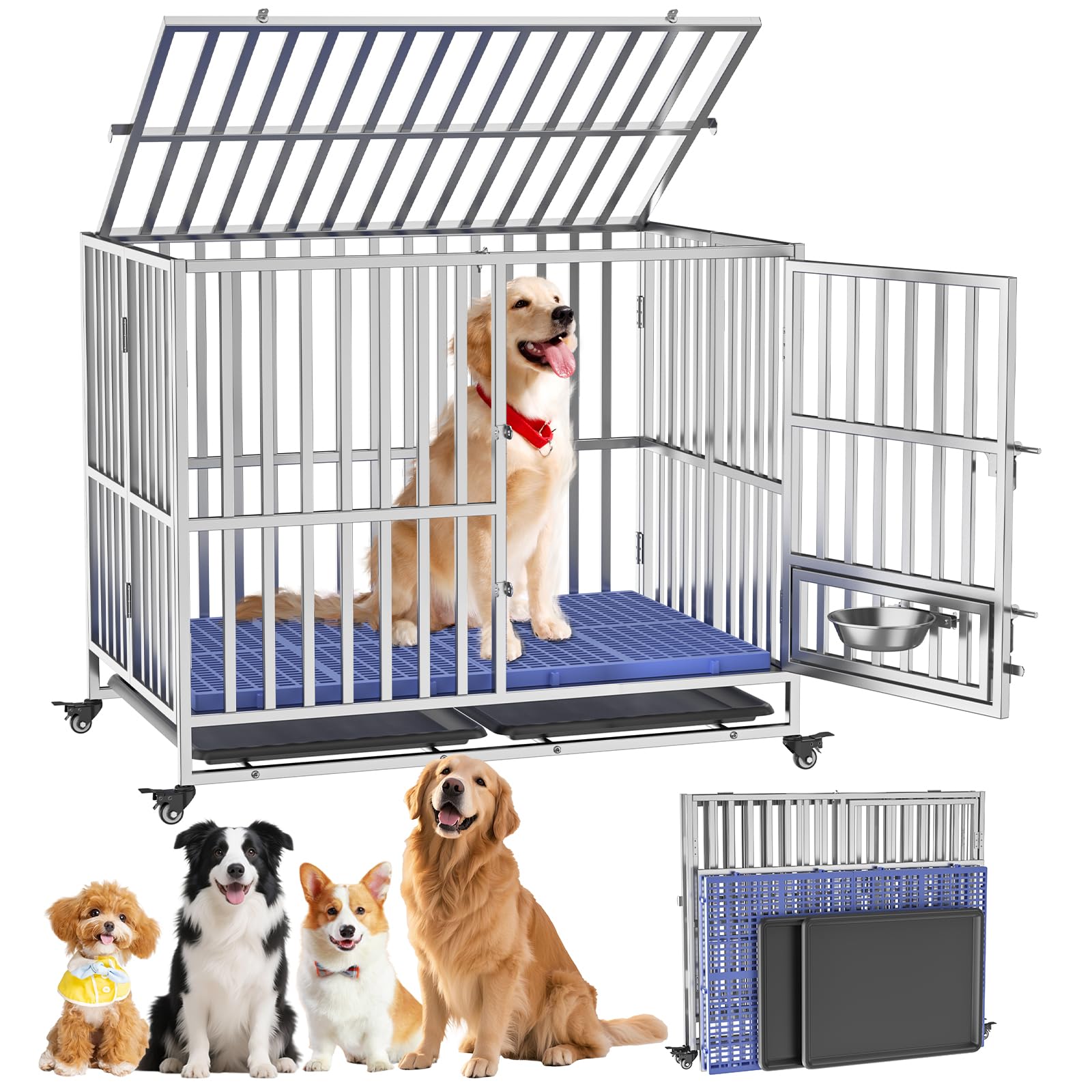 犬用ステンレスケージ　取り外しトレイ付き Amazon.co.jp: TIOOKA 大型犬 ゲージ ステンレス 長方形 ダブルドア